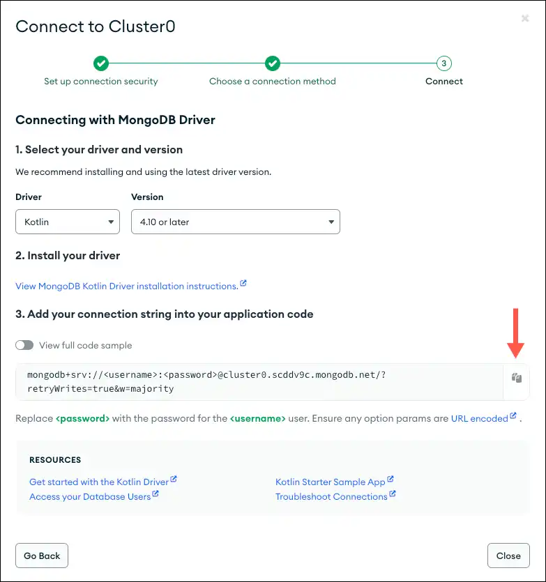 Atlas Connection GUI connection string screen